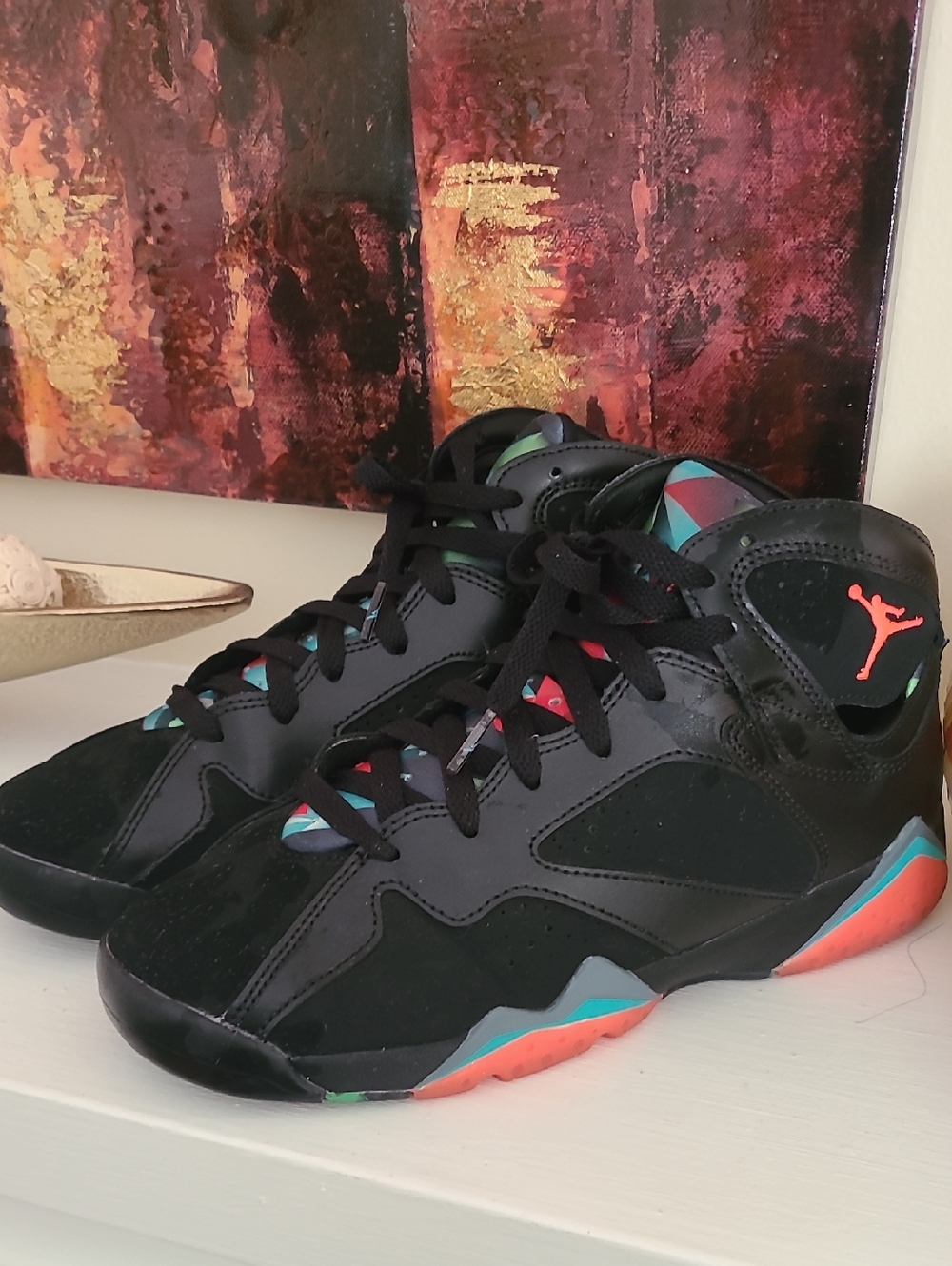 Air Jordan 7 Retro 30th High-Top Sneakers in Black with Teal & Coral Highlights